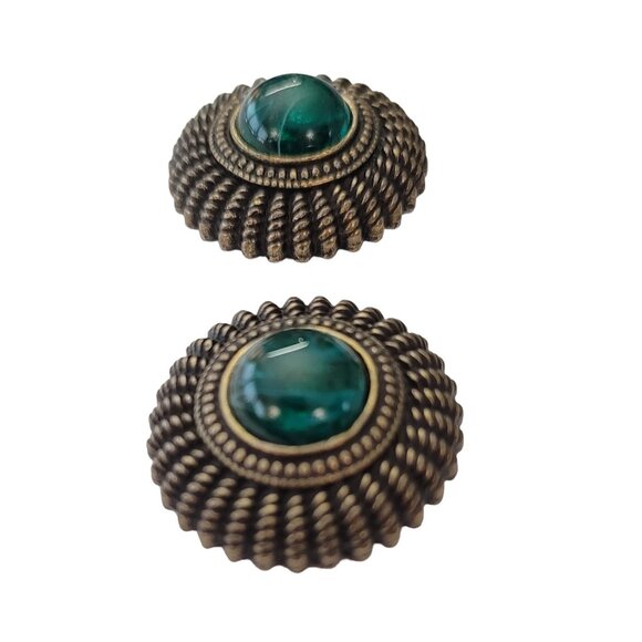 Ben Amun Flawed Emerald Green Glass Cab Clip-On Earrings, Signed E639 - Picture 7 of 14